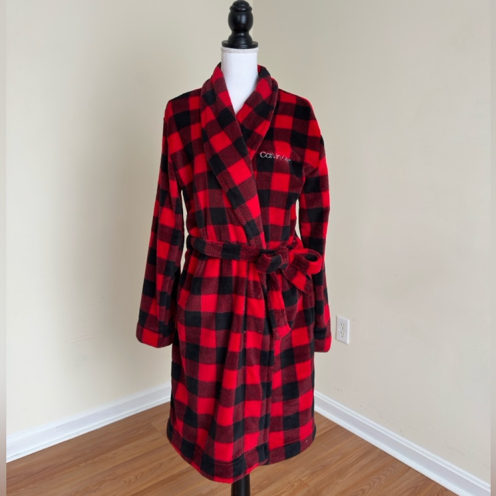 Calvin Klein Red Black Plaid Flannel Robe Women’s M/L Cozy Lounge Bathrobe